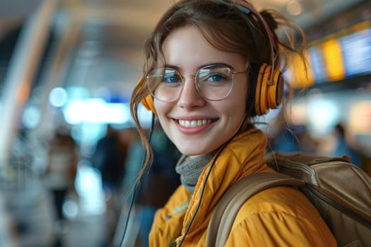 young happy woman in bright comfy clothes and headphones in the airport using smartphone. ai generated