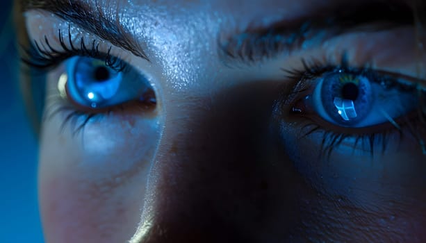 A closeup of a womans electric blue eyes in the dark, her eyebrow arched, smile shining, eyelashes framing her aqua iris, set against her black hair