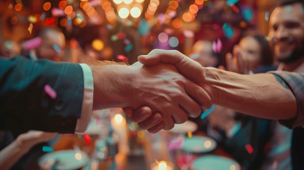 A crowd of people are engaging in a handshaking ritual at a fun event. Their gesture symbolizes unity and tradition, with each finger adorned with jewellery