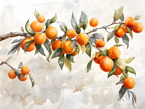 A botanical drawing of a branch with oranges hanging from the twig, capturing the natural beauty of the fruit. The vibrant colors resemble a watercolor painting