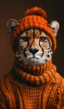A Felidae member, the cheetah, dons a unique look with an orange hat and sweater. Unlike Bengal tigers and Siberian tigers, cheetahs are known for their speed and distinctive spots