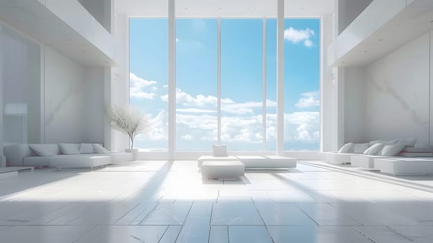 A house with large windows showcasing a stunning ocean view. The room is filled with natural light, offering a peaceful ambiance with a wooden flooring and glass facade