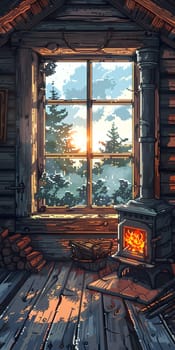 A cozy wooden cabin with a brick fireplace and a large window overlooking the sunlit landscape. The warm wood interior and glowing fire create a relaxing atmosphere