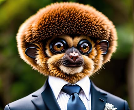The image shows a monkey wearing a suit and tie, with a serious expression on its face.