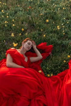 A woman in a red dress is laying in a field of yellow flowers. The scene is serene and peaceful, with the woman appearing to be in a state of relaxation