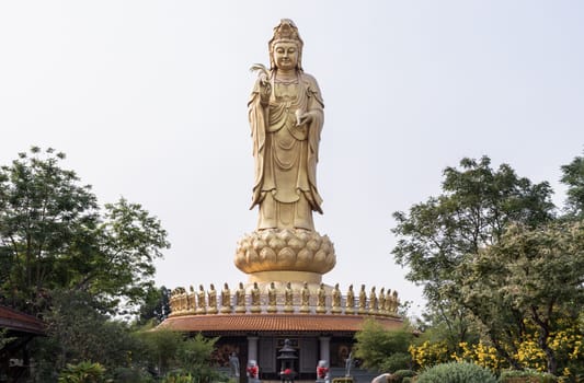 Bangkok, Thailand - Apr 11, 2024 - Big Golden statue goddess of Mercy Guanyin or Quan Yin statue at Fo Guang Shan Thaihua Temple. Guan Yin Buddha, Taiwanese temple style, Space for text, Selective focus.