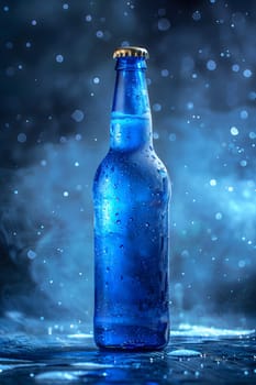 A blue glass bottle filled with liquid is floating in the water, creating a mesmerizing sight. The fluid inside is like a mysterious potion, waiting to be consumed