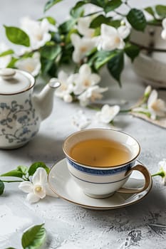 A cup filled with tea sits neatly on a saucer, creating a simple yet inviting scene.