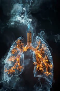 A graphic representation of lungs affected by smoking, with a cigarette at the center and smoke enveloping the bronchial tree.