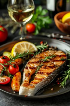 A plate of grilled fish served with juicy tomatoes and fresh lemon slices.