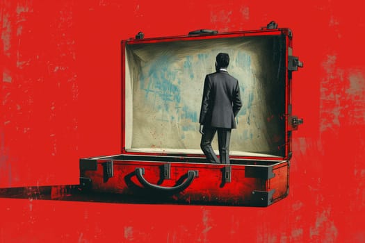 A man in a suit stands inside an oversized briefcase, looking towards an expansive map on the interior, invoking themes of travel and exploration.