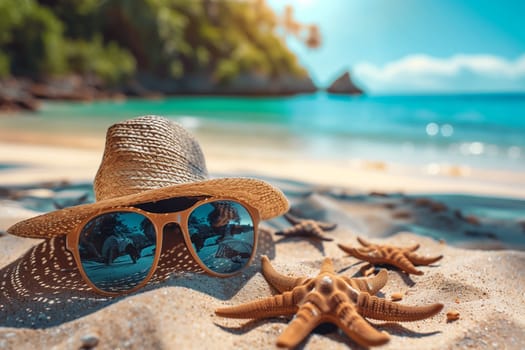 A brown straw hat and black sunglasses lie on the sandy beach, basking in the sunlight on a beautiful day.