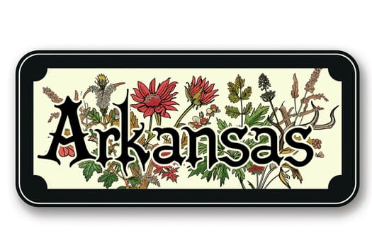 A sticker displaying the name Arkansas in bold letters, representing the state in a simple and direct manner.