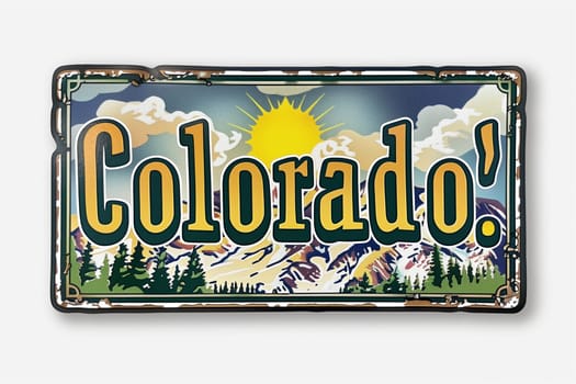 A metal sign displaying the word Colorado with majestic mountains in the background, showcasing the states iconic landscapes.