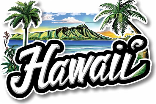Sticker with the word Hawaii surrounded by vibrant tropical flowers and tall palm trees.