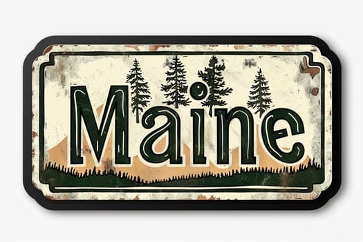 A sign displaying Maine against a backdrop of trees in the distance, highlighting the states natural beauty and scenic landscapes.