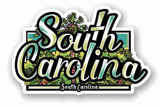 A close-up view of a sticker displaying the words South Carolina in bold lettering, suitable for showcasing state pride.