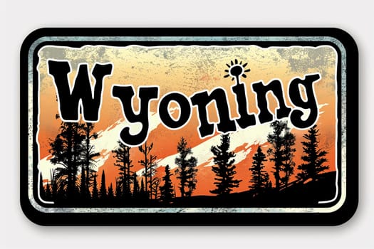 A sign with the word Wyoming stands prominently with a backdrop of lush green trees.