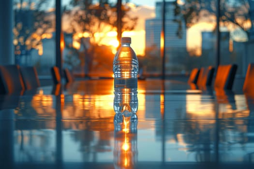 A bottle of water sits on a conference table by a window, the sky tinted orange at dusk. The natural landscape outside is bathed in automotive lighting, showcasing the wood flooring and road surface