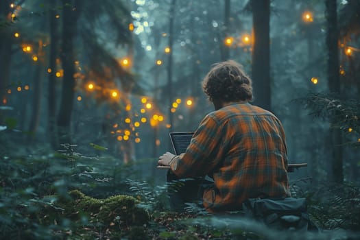 A man sits among the trees in a lush forest, typing on a laptop. Surrounded by the natural landscape and darkness of the woodland, he finds inspiration in the art of technology