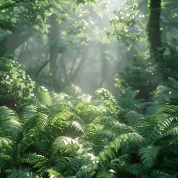 The sun filters through the dense canopy of evergreen trees in a thriving plant community within a lush green forest, illuminating the terrestrial plants and groundcover below