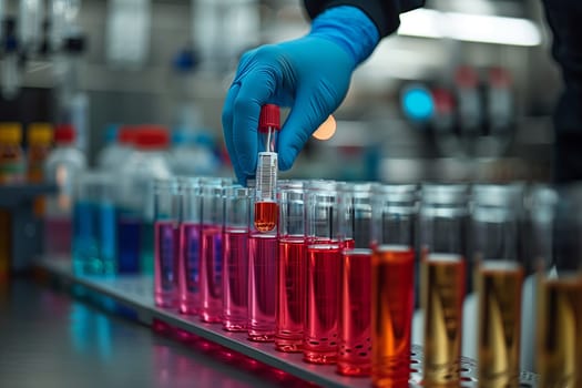 The person is using a pipette to transfer different colored liquids into test tubes, each filled with a unique solution