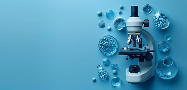 a microscope is surrounded by bubbles on a blue background . High quality