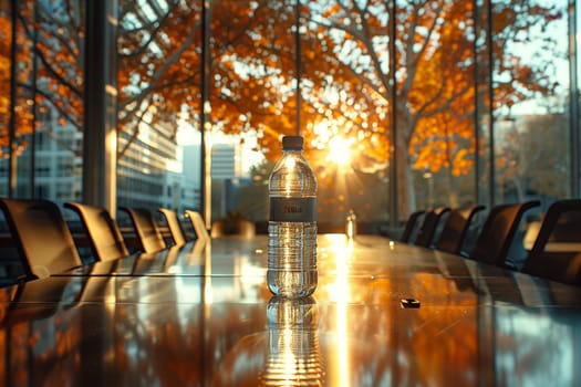 A long conference table made of wood placed in a building, with a bottle of water on it. Sunlight filters through the window, illuminating the natural landscape outside