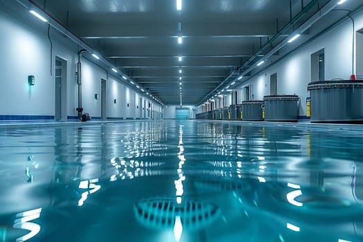A remarkable aqua fixture is nestled in the heart of the building, as a vast swimming pool glistens beneath the light on the sleek flooring