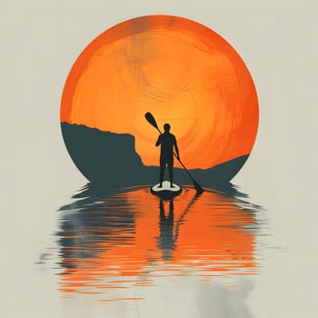 A man paddles a paddleboard on a tranquil lake at sunset, surrounded by the breathtaking beauty of the sky and watercraft in nature