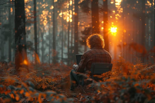 A man is sitting under a tree in the forest, using a laptop computer. The natural landscape and heat of the deciduous wood surrounds him, providing a peaceful setting for his work