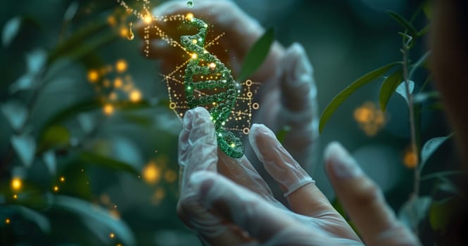 The person is holding a green chameleon in their hands, blending in with the plants natural environment. Their gesture is gentle as they observe the terrestrial plant and grass around them