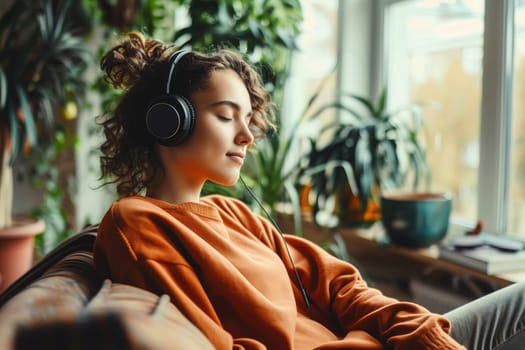 Happy young woman relaxing at home listening to music with headphones with closed eyes lying on sofa in modern cozy interior with green house plants