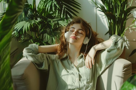 Happy young woman relaxing at home listening to music with headphones with closed eyes lying on sofa in modern cozy interior with green house plants