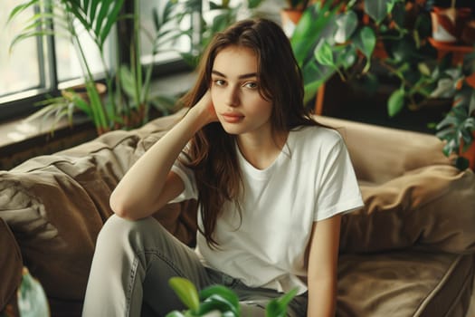 Happy young woman relaxing at home sitting on sofa in modern cozy sunny interior with green house plants, warm sunlight