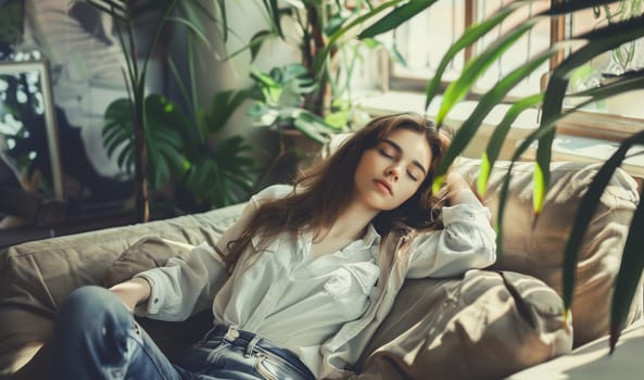 Happy young woman relaxing at home sitting on sofa in modern cozy sunny interior with green house plants, warm sunlight
