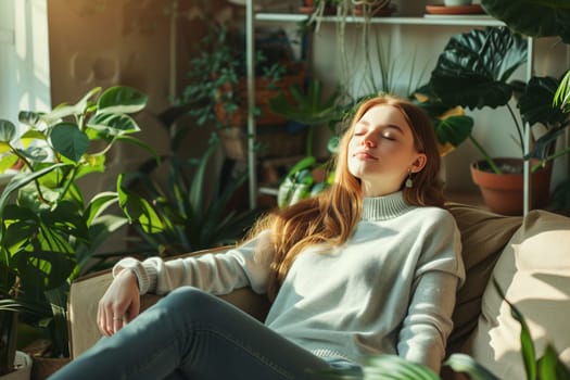 Happy young woman relaxing at home sitting on sofa in modern cozy sunny interior with green house plants, warm sunlight