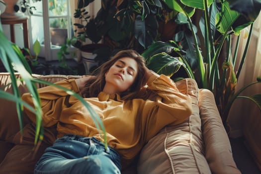 Happy young woman relaxing at home sitting on sofa in modern cozy sunny interior with green house plants, warm sunlight