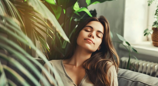 Happy young woman relaxing at home sitting on sofa in modern cozy sunny interior with green house plants, warm sunlight