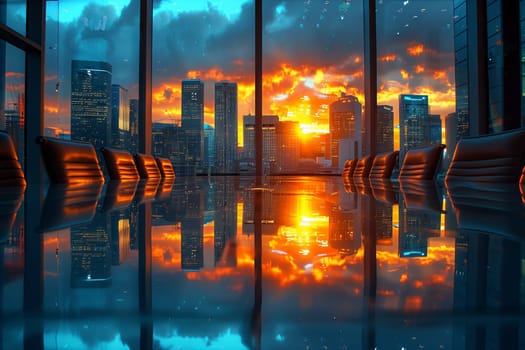 A conference room with a view of the city at dusk, overlooking the orange tints and shades of the sky as the sun sets behind iconic landmarks