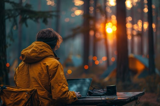 A man is seated at a wooden table in the forest, using a laptop on a dark night. The heat from the laptop illuminates the natural landscape as smoke drifts into the air