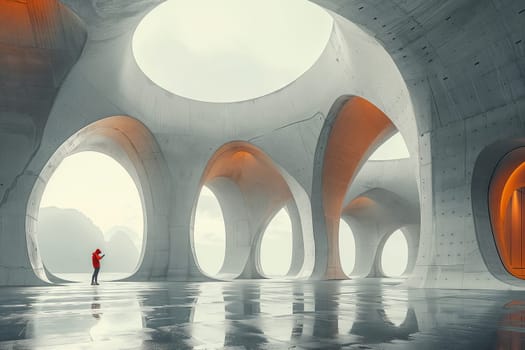 A man in a red jacket is standing in a building with arches, surrounded by water reflections. The play of light and symmetry creates an artistic event in this liquidfilled space
