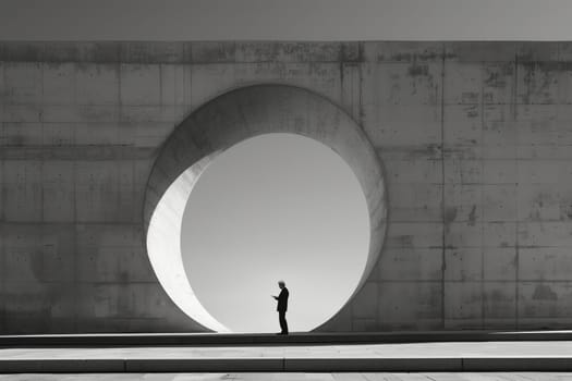 A man stands in front of a large circular hole in the wall, under a grey sky. The scene is captured in blackandwhite monochrome photography