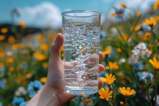 A person stands in a meadow holding a glass of water, the sunlight shining on the field of colorful flowers and green grass, creating a picturesque landscape