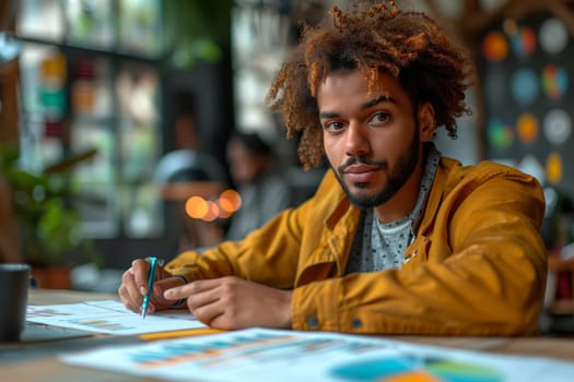 A man is seated at a desk, writing on a piece of paper. He is indoors, sharing a moment of leisure while engaging in art or games for fun and recreation