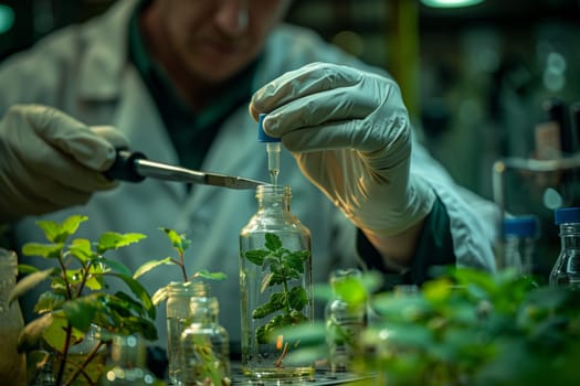 A scientist is using a pipette to transfer liquid into a bottle for research on terrestrial plants like grass, shrubs, and herbs in diverse landscapes such as forests, jungles, and soil ecosystems