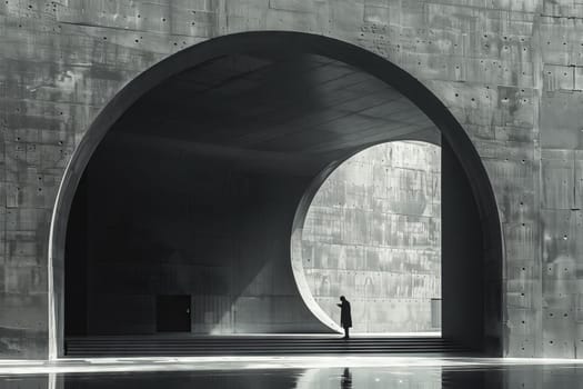 A monochrome photo of a person in a tunnel, showcasing Automotive lighting and exterior design. Symmetry between the rectangle and circle shapes creates a captivating composition