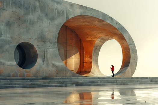 A man in a crimson jacket is standing in front of a building featuring circular designs, combining elements of water, wood, art, rectangles, flooring, circles, roads, arches, metals, and hardwood