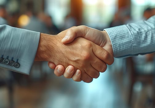 One man in an electric blue collar shirt extends his hand in greeting, while the other man reciprocates with a firm handshake, sharing a gesture of camaraderie