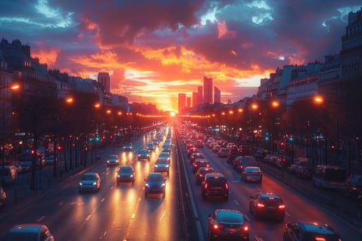 As the sun sets, cars speed down a busy highway, their automotive lighting illuminating the dusk sky. Buildings and infrastructure line the horizon